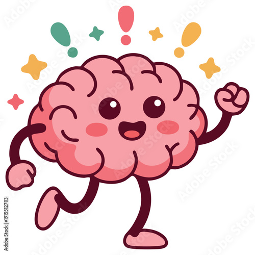 Cheerful Thinking Brain with Surprised Expression for Education and Web Design Isolated Vector Illustration on White Background