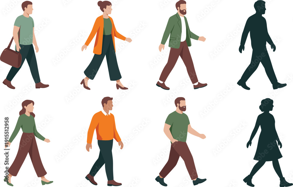 Fototapeta premium Set of walking people characters in different outfits, male and female pedestrian silhouettes and colorful flat cartoon illustration isolated on white background.