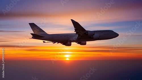 Side View of Commercial Jet Airplane Flying Over The Sun During Golden Sunset Scenic Aviation Photography With Beautiful Light and Clouds Transport Industry and Travel Concept