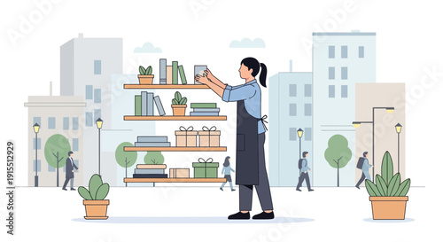 Urban Bookstore Ambiance With Woman Arranging Books On Shelves