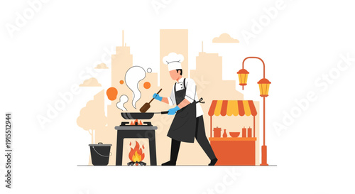 Urban Chef Cooking At A Street Food Stall Cityscape Background And Lanterns