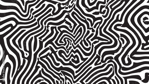 Abstract black and white swirling pattern with intricate lines and shapes