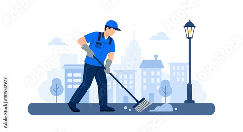 Urban Cleaner Sweeps Sidewalk With Broom During Daylight