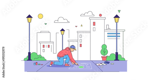 Urban Child Creates Sidewalk Art Under Sunny Sky Cityscape