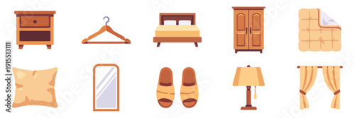 Set of beige and wooden bedroom icons, bed, wardrobe, curtains, lamp, pillow, colorful collection with vector flat illustrations