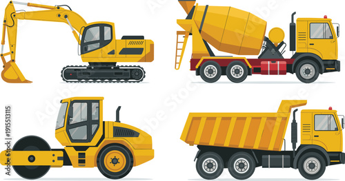 Set of yellow construction vehicles including excavator, concrete mixer truck, road roller and dump truck, heavy machinery for building and road construction isolated.