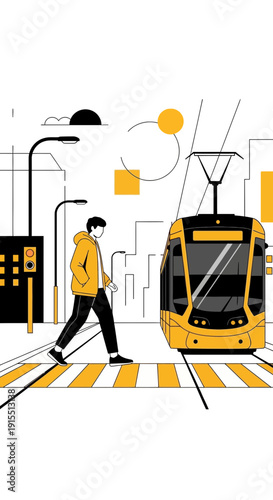Urban Commute Modern Transportation People Walking Cityscape Elements Yellow Tram Crossing Street