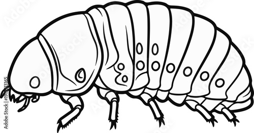 Black and white illustration of an insect larva with segmented body and legs