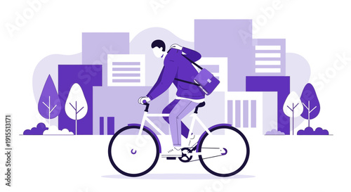 Urban Commute Person Riding Bicycle Through Stylized Cityscape