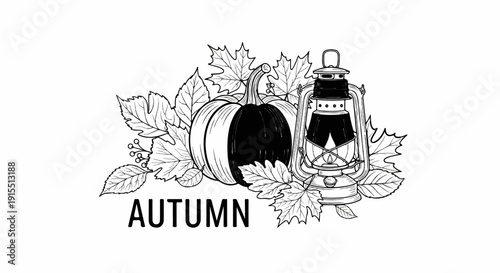 Black and white illustration of a pumpkin and lantern surrounded by autumn leaves