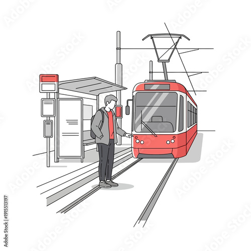 Urban Commute Person Waiting For Tram At Station Transport Illustration