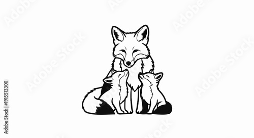 Artistic line drawing of a fox mother with two kits looking up