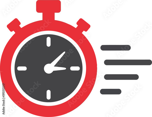 Red and grey stopwatch icon with speed lines representing fast delivery or time management.