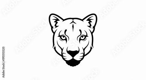 Black and white outline illustration of a fierce big cat's face on a white background