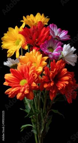 Vibrant bouquet of multicolored daisies against black background