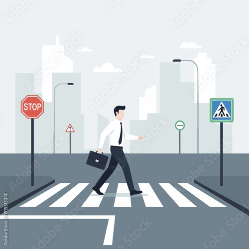 Urban Commuter Navigates Busy City Streets Safely Across Crosswalk