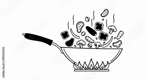 Black and white outline illustration of food cooking in a wok over flames