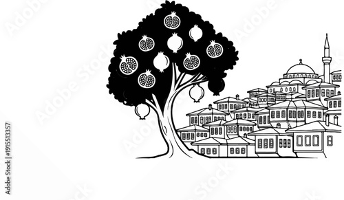Black and white illustration of a pomegranate tree in front of traditional architecture