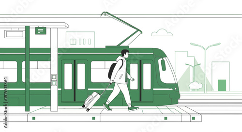 Urban Commuter Navigates Modern Public Transport With Suitcase and Backpack