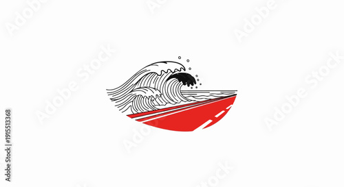 Artistic illustration of dynamic waves crashing onto a curving red road