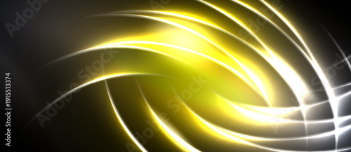 Bright yellow energy swirls against dark background. Lines create dynamic, abstract visual effect. Light radiates, forming captivating pattern.