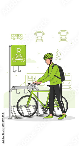 Urban Commuter Secures Bicycle at Public Transportation Hub