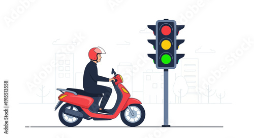 Urban Commuter Safely Navigating Traffic Signals On Scooter