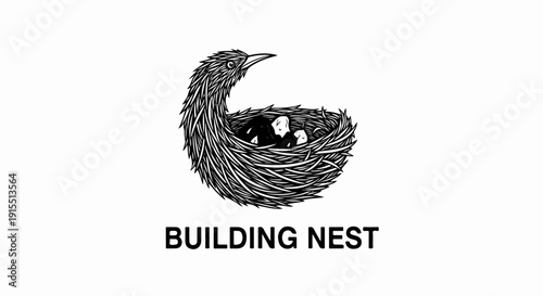 Artistic depiction of a bird's nest with chicks, text below