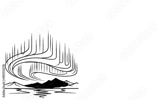 Artistic depiction of a celestial aurora display over dark mountains reflected in water