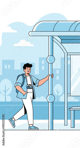 Urban Commuter Waiting Bus Station Scenic Cityscape Background