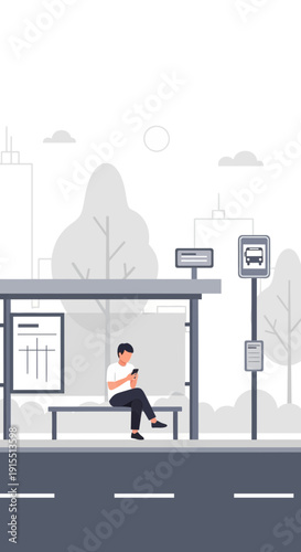 Urban Commuter Waiting for Bus Holding Smartphone at Modern Bus Stop
