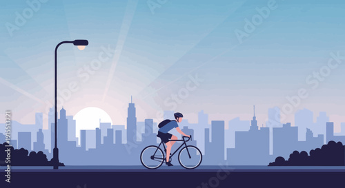 Urban Cyclist Embraces Sunrise Commute Through Cityscape