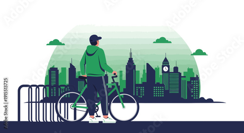 Urban Cyclist Enjoying Cityscape View From Bicycle Rack