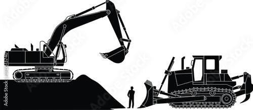 Silhouette of excavator and bulldozer with worker standing between heavy machines, earthmoving equipment for construction, excavation, demolition and industrial engineering work, isolated on white.