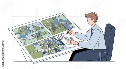 Urban Planner Reviewing City Development Project Blueprint Draft