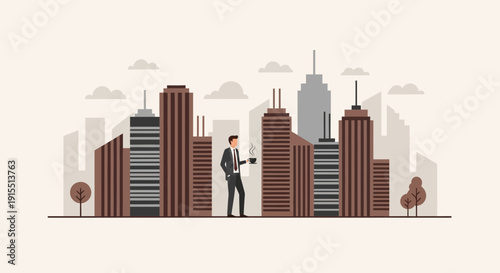 Urban Professional Enjoys Coffee Break Amidst Towering Cityscape