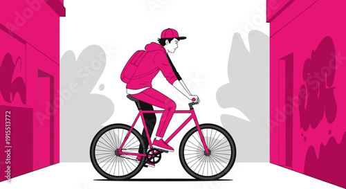 Urban Cyclist Navigating City Streets With Backpack