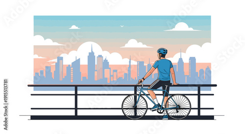 Urban Cyclist Pauses Overlooking City Skyline At Dawn