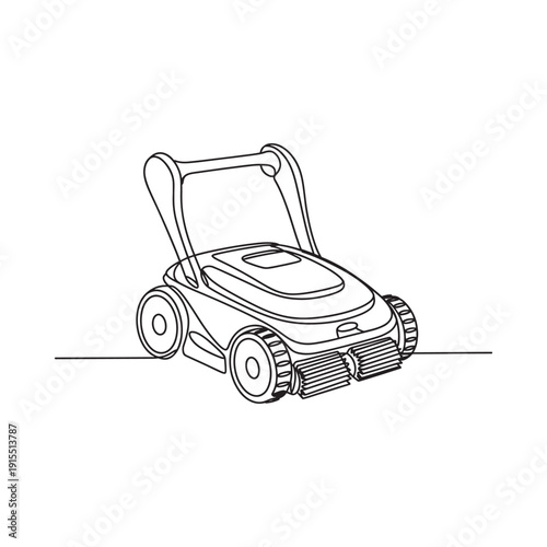 Black and white line drawing depicts a robotic lawn mower with wheels and cutting blades
