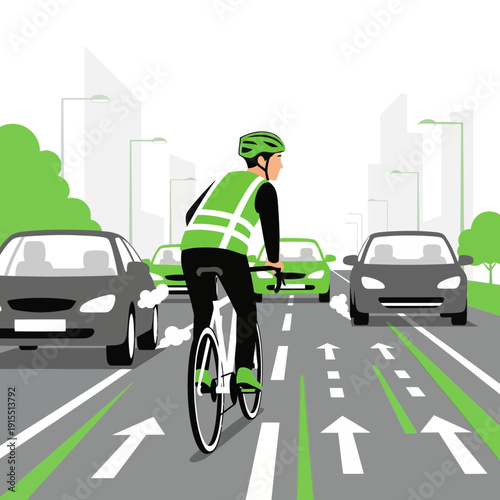 Urban Cyclist Navigating Traffic Green Lanes And Cityscape