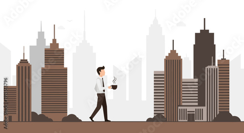 Urban Professional Taking A Coffee Break Amidst Modern City Skyscrapers