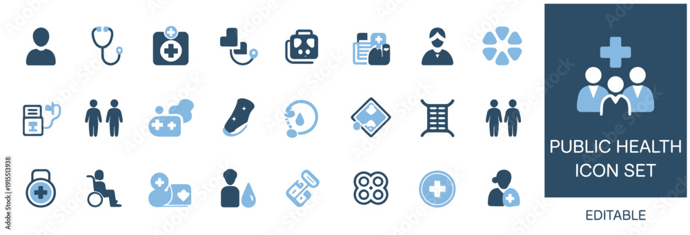 Obraz premium healthcare and public health icon set, vector symbols for community care, hospital services, family health, protection, and medical support for digital and print use.