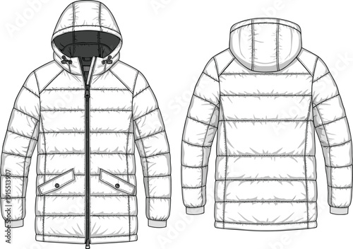 Winter jacket technical flat sketch, front view, back view, padded design, quilted stitching
