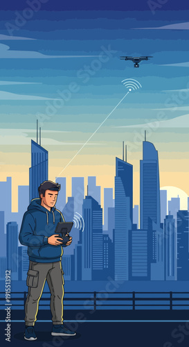 Urban Drone Operator Controlling Flying Technology Over Cityscape