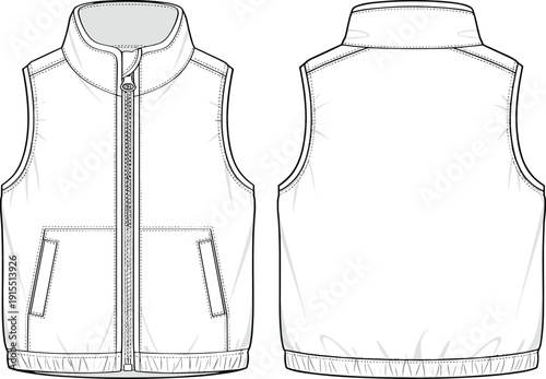Sleeveless vest technical flat sketch, front view, back view, high collar, zipper closure, welt pockets, elastic hem, garment construction, apparel design, vector illustration
