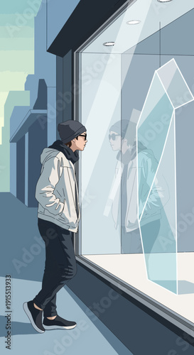 Urban Dweller Gazes Into Reflective Storefront Display Window