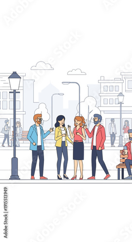 Urban Social Gathering People Interacting In A Lively City Square