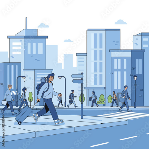 Urban Exploration And City Travel With Backpack And Luggage In Blue Tones