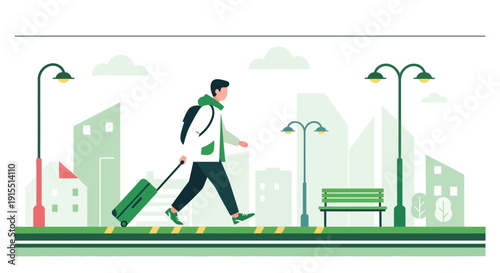 Urban Traveler With Green Suitcase Navigating City Streets