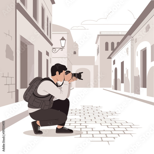 Urban Explorer Capturing Architectural Details With Professional Camera In Historic District